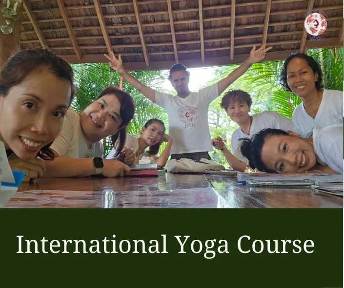 International yoga course with students from different countries learning traditional yoga and Ayurveda