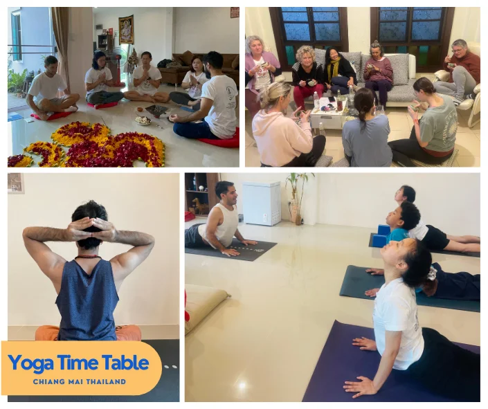 Daily timetable for yoga and Ayurveda courses showing class schedule and routine